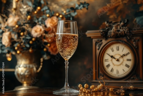 Champagne toast, antique clock, floral arrangement, New Year's Eve celebration photo