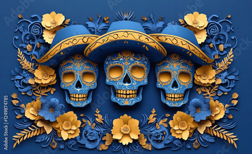 An intricate 3D paper-cut design of three skulls adorned with sombrero hats and floral garlands showcases a lively Mexican Day of the Dead theme in blue and gold tones. photo