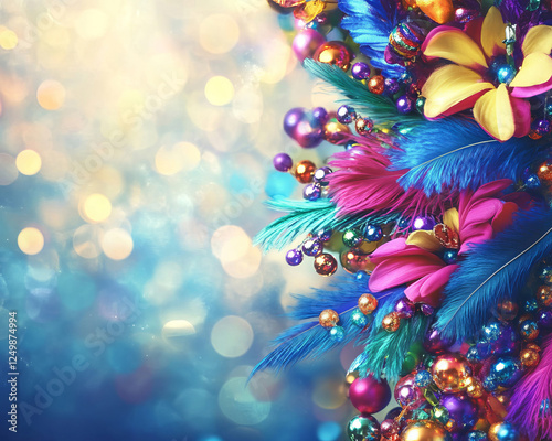 A lively Mardi Gras parade scene with vibrant floral decorations, colorful beads, and extravagant feathered costumes, set against a background of glowing bokeh lights. photo