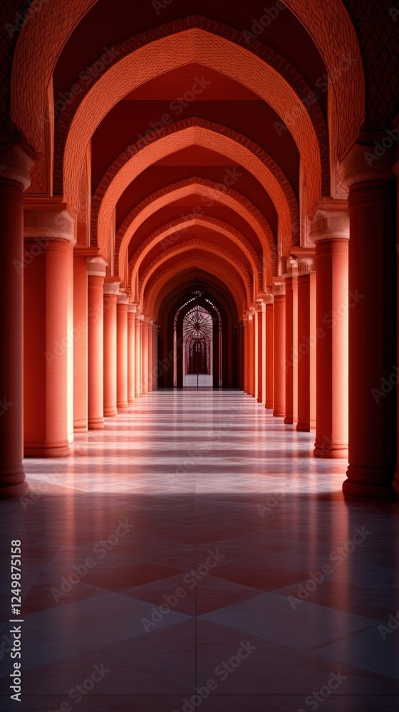 Red arched hallway, Middle East, sunlight, perspective, architecture Red arched hallway, Middle East, sunlight, perspective, architecture