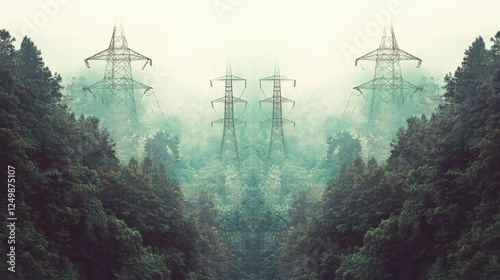 Misty landscape featuring towering power lines amidst dense forest and fog, evoking tranquility