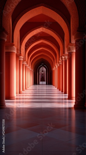 Red arched hallway, Middle East, sunlight, perspective, architecture