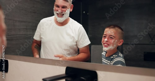 Happy, shaving and dad with kid in bathroom with foam for teaching hygiene, grooming and wellness. Family home, bonding and father and child with cream for morning routine, facial and learning skills