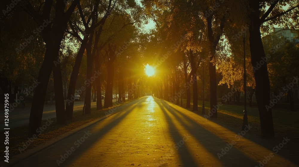 Sunlit autumn path through trees, long shadows cast on pavement. Sunlit autumn path through trees, long shadows cast on pavement.