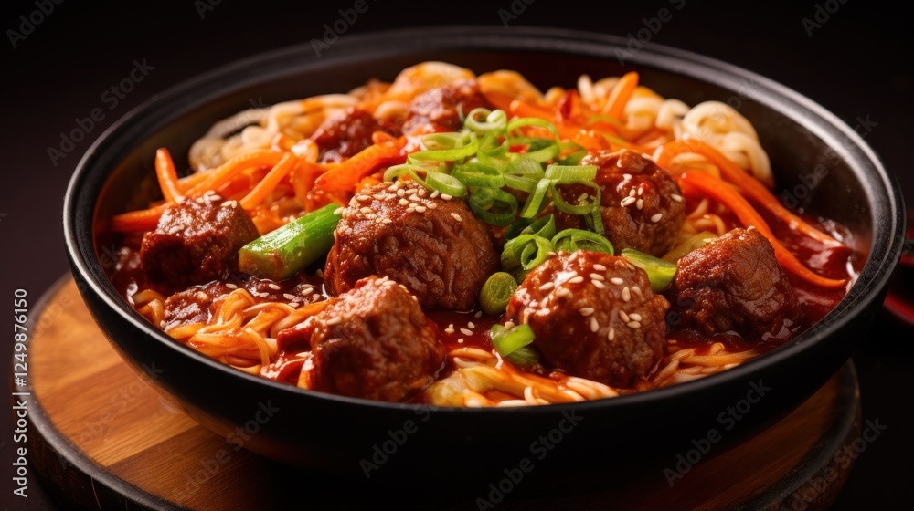 Delectable meatball noodle bowl with savory sauce and vibrant garnishes Delectable meatball noodle bowl with savory sauce and vibrant garnishes