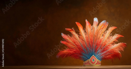 A striking feathered headdress in vibrant hues sits atop a wooden table against a dark brown background, representing cultural heritage and pride in a visually rich composition.