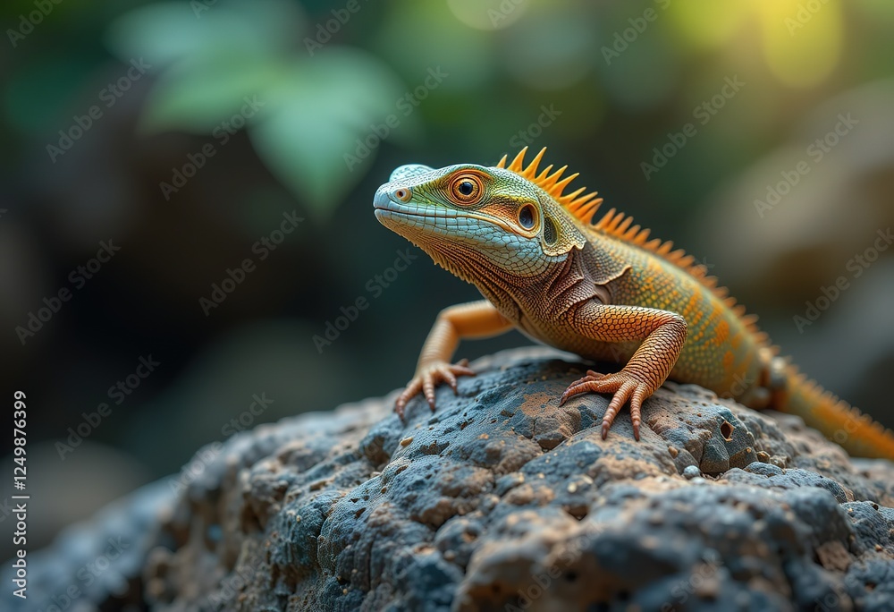Vibrant Orange And Blue Lizard Perched On Rock Vibrant Orange And Blue Lizard Perched On Rock
