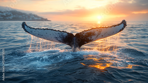 A majestic humpback whale's tail slaps the ocean's surface, symbolizing nature's grandeur and power, captured with a high shutter speed in bright modern tones, leaving blank space for captions