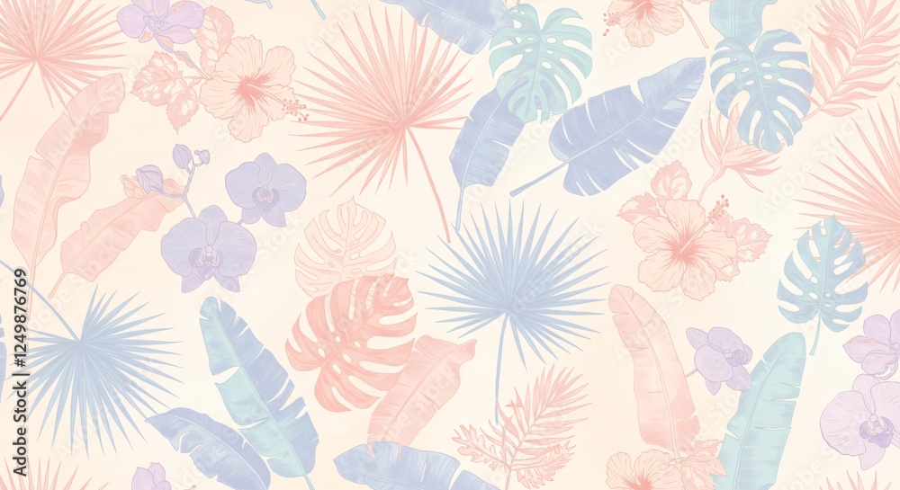 Fototapeta premium Seamless patterns of tropical leaves and floral designs in pastel tones
