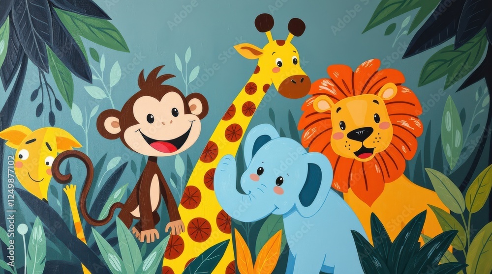 Fototapeta premium Cartoon jungle animals: monkey, giraffe, lion, elephant, and another animal amid leaves and greenery.