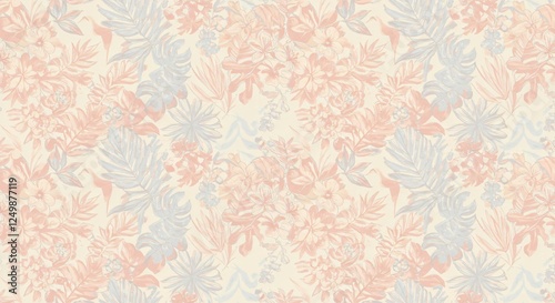 Seamless patterns of tropical leaves and floral designs in pastel tones