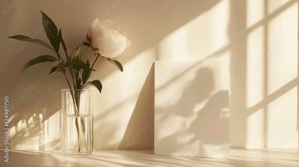 White peony in glass vase with blank card, sunlit shadows on wall. White peony in glass vase with blank card, sunlit shadows on wall.