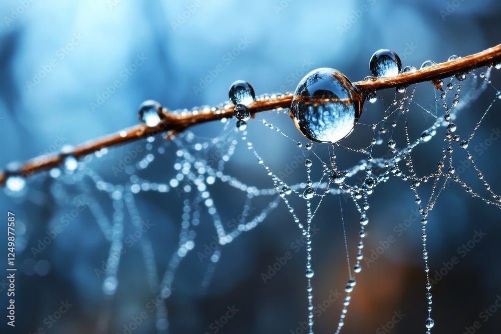 Fototapeta premium Dew drops glisten on a spider web illuminated by morning light in a tranquil forest setting