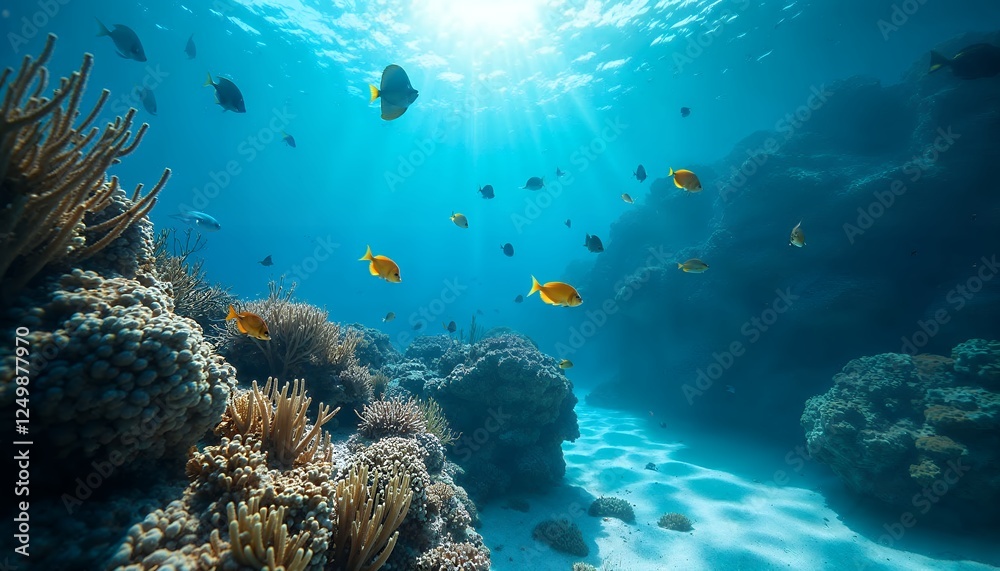 Fototapeta premium Exploring Underwater Coral Reef with Colorful Fish and Sunlight