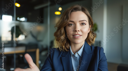 Businesswoman making a video call and gesturing in office
