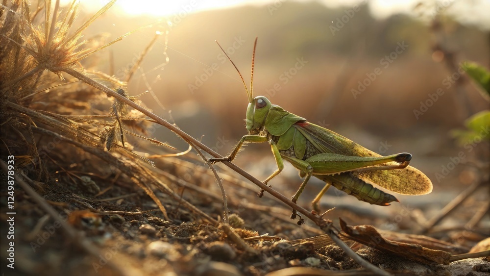 Small green grasshopper on dry vegetation in a warm sunlight showing its tiny legs and wings, dry grasshopper, sunlit background, outdoor scene, wildlife photography, insect life Small green grasshopper on dry vegetation in a warm sunlight showing its tiny legs and wings, dry grasshopper, sunlit background, outdoor scene, wildlife photography, insect life