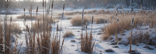 Snow-dusted broadleaf cattails in a cold winter wetland, snowy plants, bunched leaves, cold snap