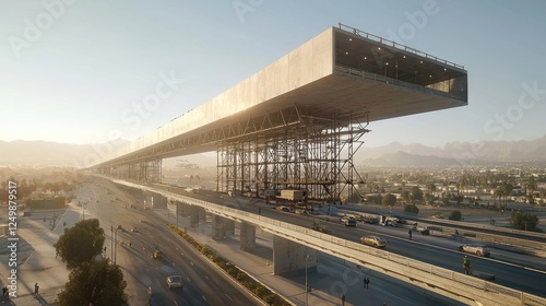 Modern elevated highway under construction during sunrise, showcasing concrete structures and urban landscape.
