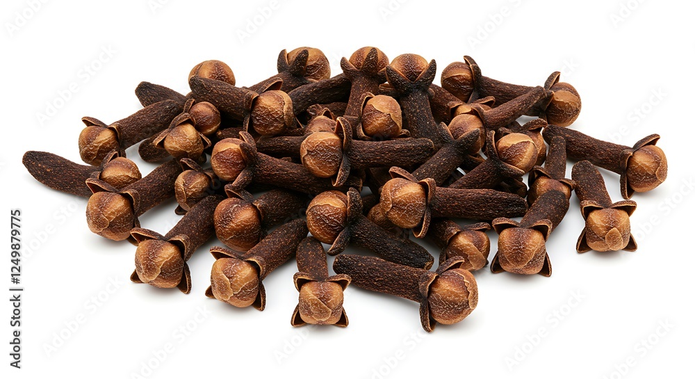 Pile of Aromatic Dried Clove Spices on White Background