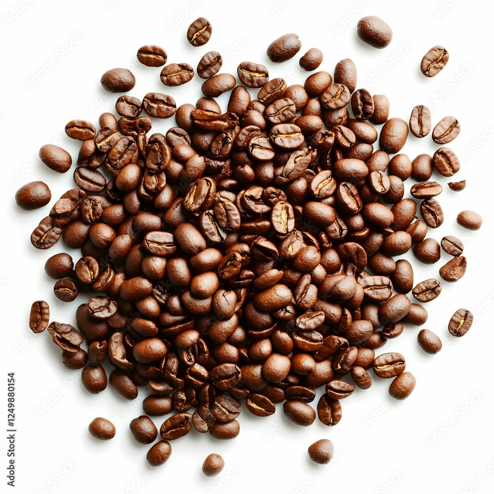 Naklejka premium Coffee beans, pile, top view, isolated white background, for food product, packaging design