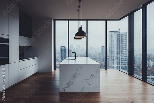 Modern kitchen with marble island, city view. photo