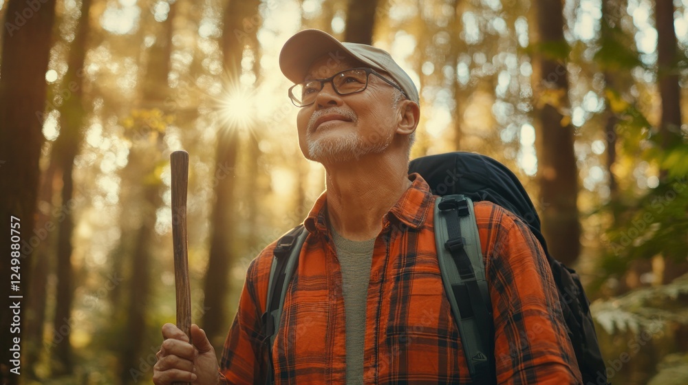 Obraz premium Happy senior man hiking in forest, enjoying nature.