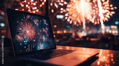 Spectacular Fireworks Display Reflected on Laptop Screen Celebrating New Year in a Vibrant City with Blurred Background Lights and Colorful Explosions