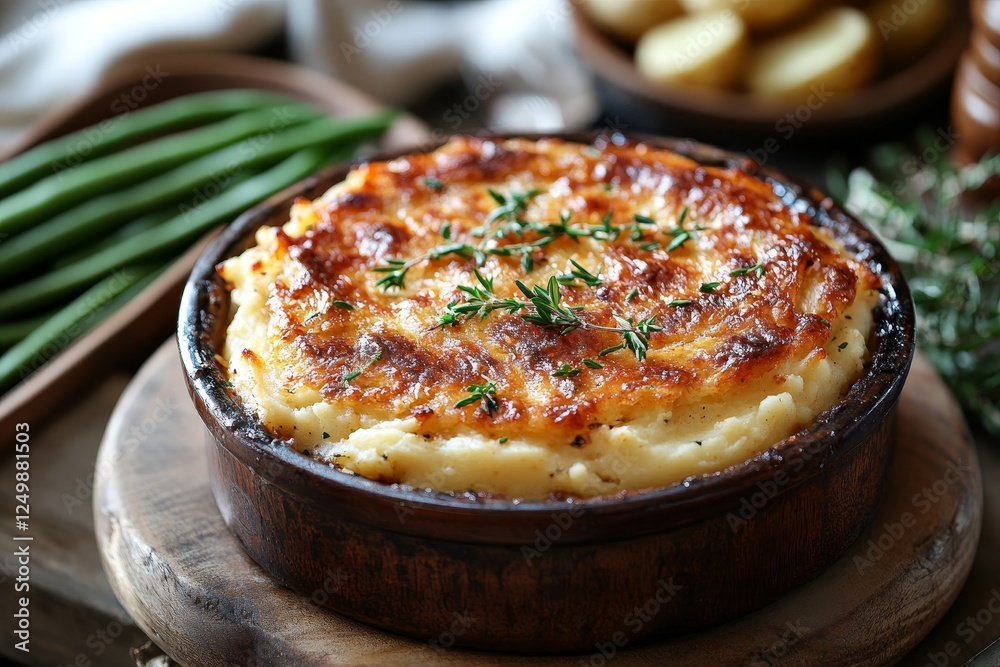 Creamy potato shepherd's pie, rustic setting, vegetables Creamy potato shepherd's pie, rustic setting, vegetables