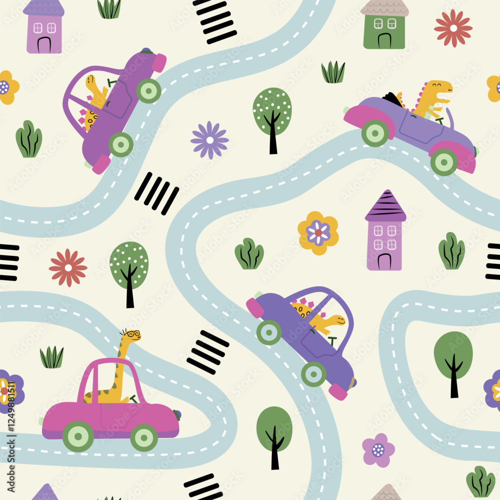 Naklejka premium Childish seamless pattern with dinosaur driver in the road. Pink and purple vector illustration. 
