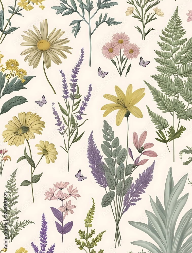 Fototapeta premium Seamless botanical pattern featuring delicate hand-drawn wildflowers, ferns, and leaves on a light background, evoking a vintage nature-inspired aesthetic perfect for textiles and wallpapers