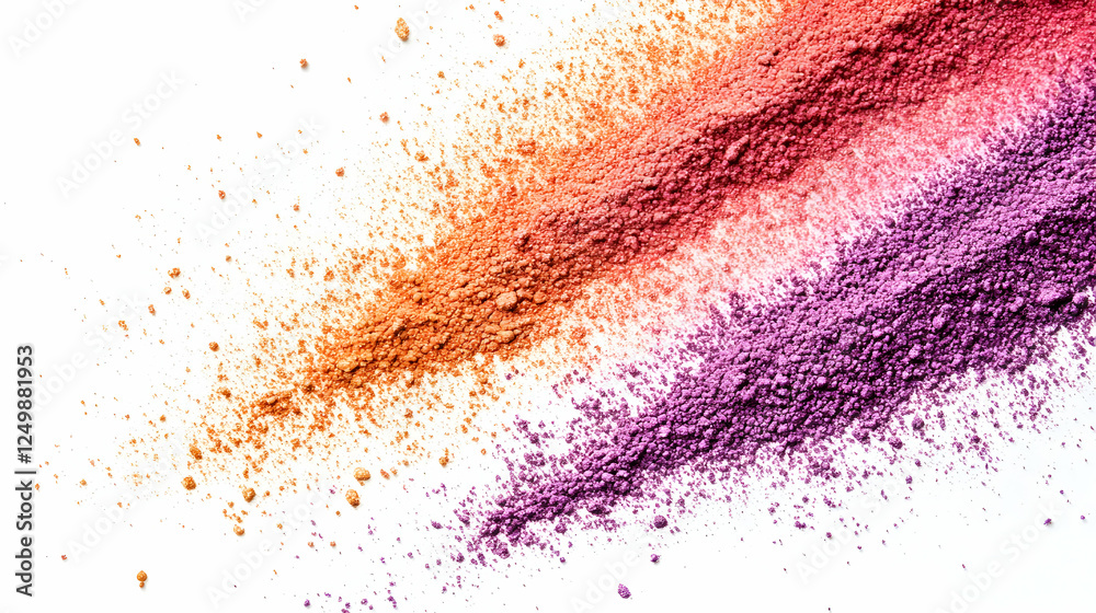 Fototapeta premium Colorful powder swirls on white background, beauty product texture, cosmetic advertising