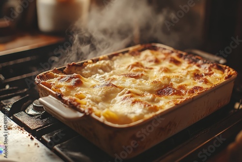 Steaming lasagna, kitchen stove, home cooking