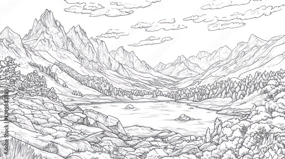 Majestic mountain lake, serene valley, scenic landscape, nature, outdoor adventure Majestic mountain lake, serene valley, scenic landscape, nature, outdoor adventure