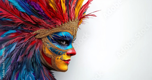 A vibrant Venetian-style carnival mask adorned with multicolored feathers and gold glitter stands against a crisp white background, capturing the drama and extravagance of masquerade traditions. photo