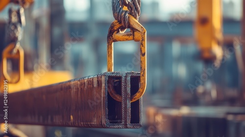 A construction crane lifting steel beams, focusing on the hook and cables as they securely hold the heavy load.