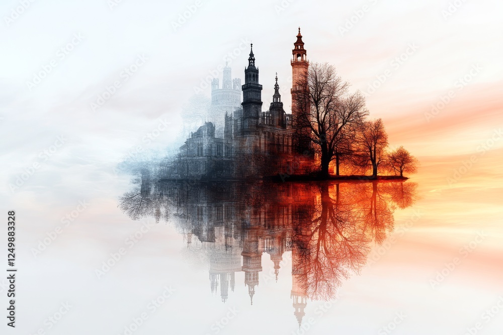 Fototapeta premium Captivating sunset reflection of an ancient castle and trees in serene waters