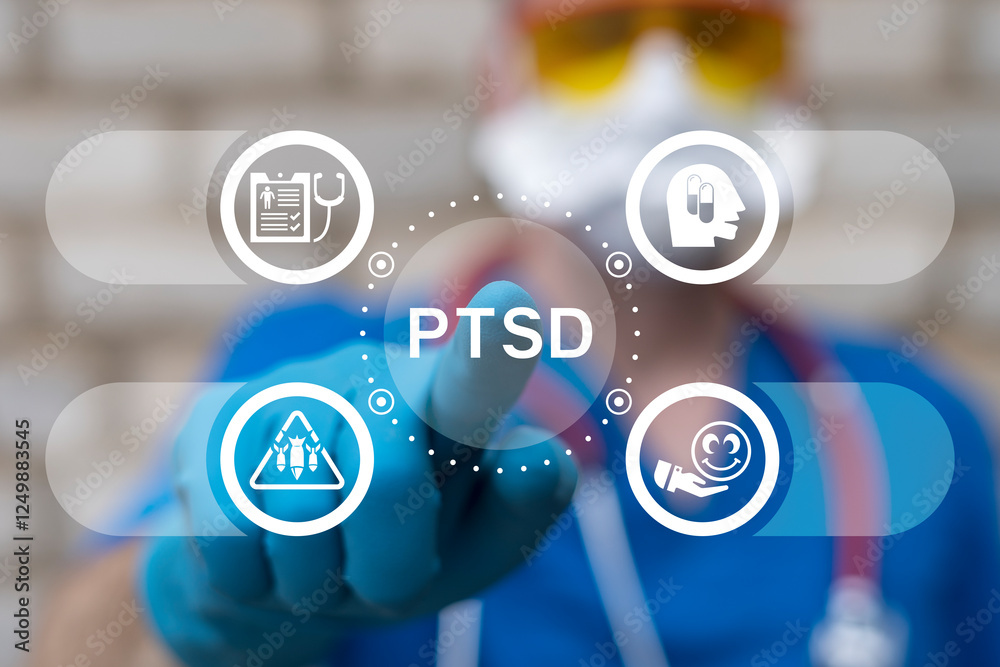 Doctor using virtual touch screen push text: PTSD. PTSD - Post-Traumatic Stress Disorder Medical concept. War veteran has depression, mental disorders, emotion problems and rehabilitation. Doctor using virtual touch screen push text: PTSD. PTSD - Post-Traumatic Stress Disorder Medical concept. War veteran has depression, mental disorders, emotion problems and rehabilitation.