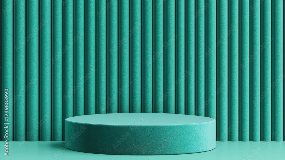 A minimalistic teal backdrop featuring vertical lines with a circular platform in the foreground, creating a modern and stylish aesthetic. A minimalistic teal backdrop featuring vertical lines with a circular platform in the foreground, creating a modern and stylish aesthetic.