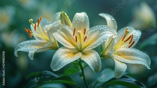 A perfect closeup of white lily flower with green leaves in blur background