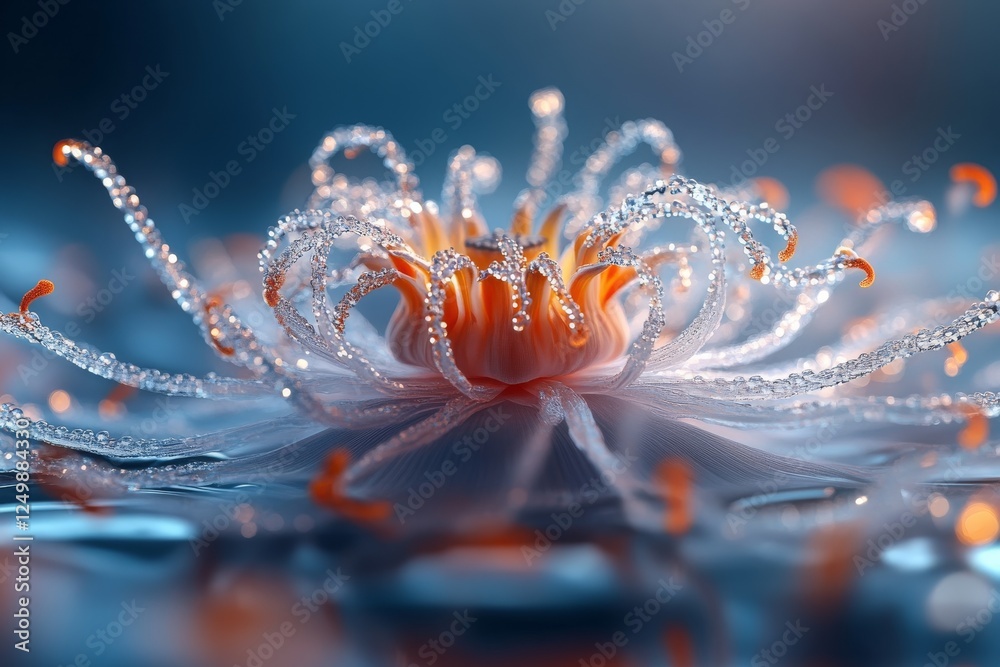 Intricate flower with dew drops illuminated by soft light in tranquil waters during early morning Intricate flower with dew drops illuminated by soft light in tranquil waters during early morning