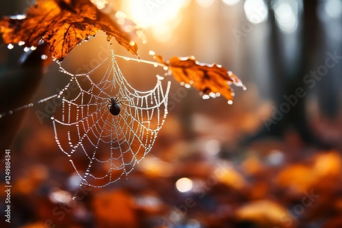 Dew-covered spider web glistens in the soft autumn light among colorful fallen leaves in a tranquil forest