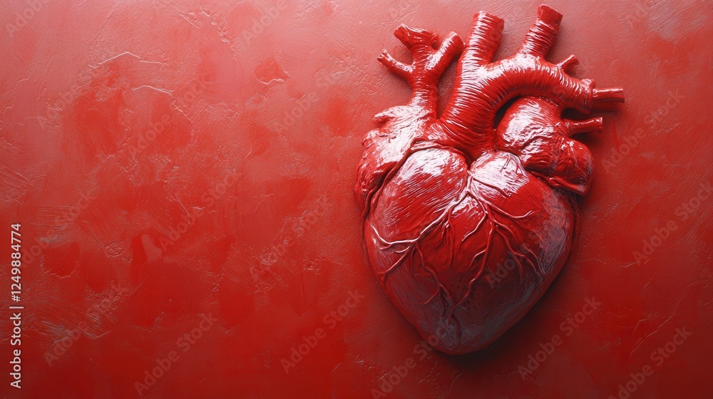 Naklejka premium Realistic anatomical heart sculpture on a vibrant red background, showcasing intricate details