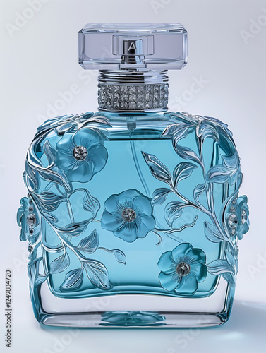 blue engraved perfume bottle isolated on white