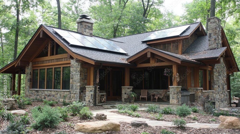 A sustainable home with solar panels and a well-insulated roof. A sustainable home with solar panels and a well-insulated roof.