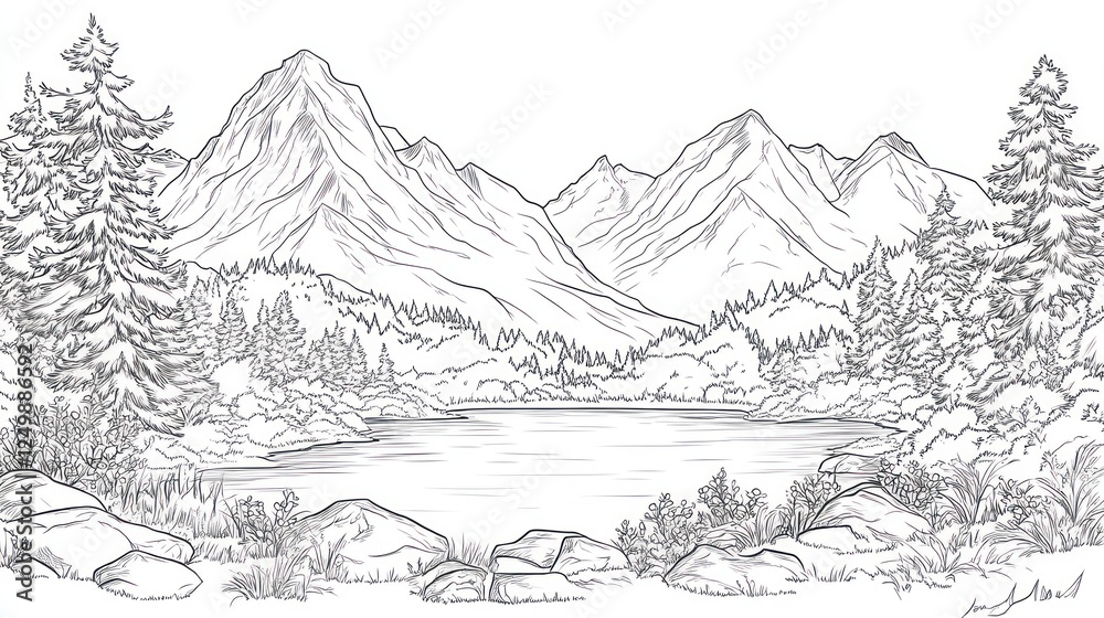 Mountain lake serene landscape, nature illustration, peaceful scenery, coloring page Mountain lake serene landscape, nature illustration, peaceful scenery, coloring page