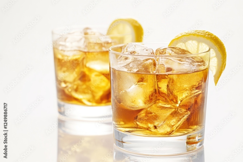 Two glasses of iced tea with lemon slices. Two glasses of iced tea with lemon slices.