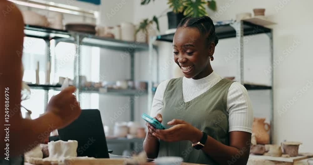 Happy woman, cashier and customer with pos machine for payment, transaction or tap to buy at ceramic store. Female person, shopper and paying with credit card or NFC for pottery shopping or purchase