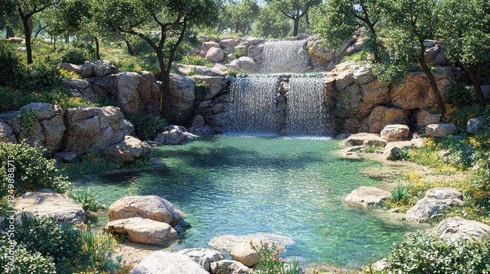 Naklejka premium Sunny waterfall cascading into tranquil pool, lush forest background