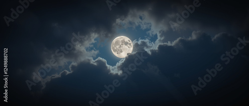 Worm Moon Illuminated by Clouds Under a Starry Sky Evokes a Serene Nighttime Atmosphere