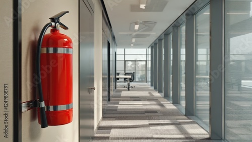 Red fire extinguisher in modern office hallway